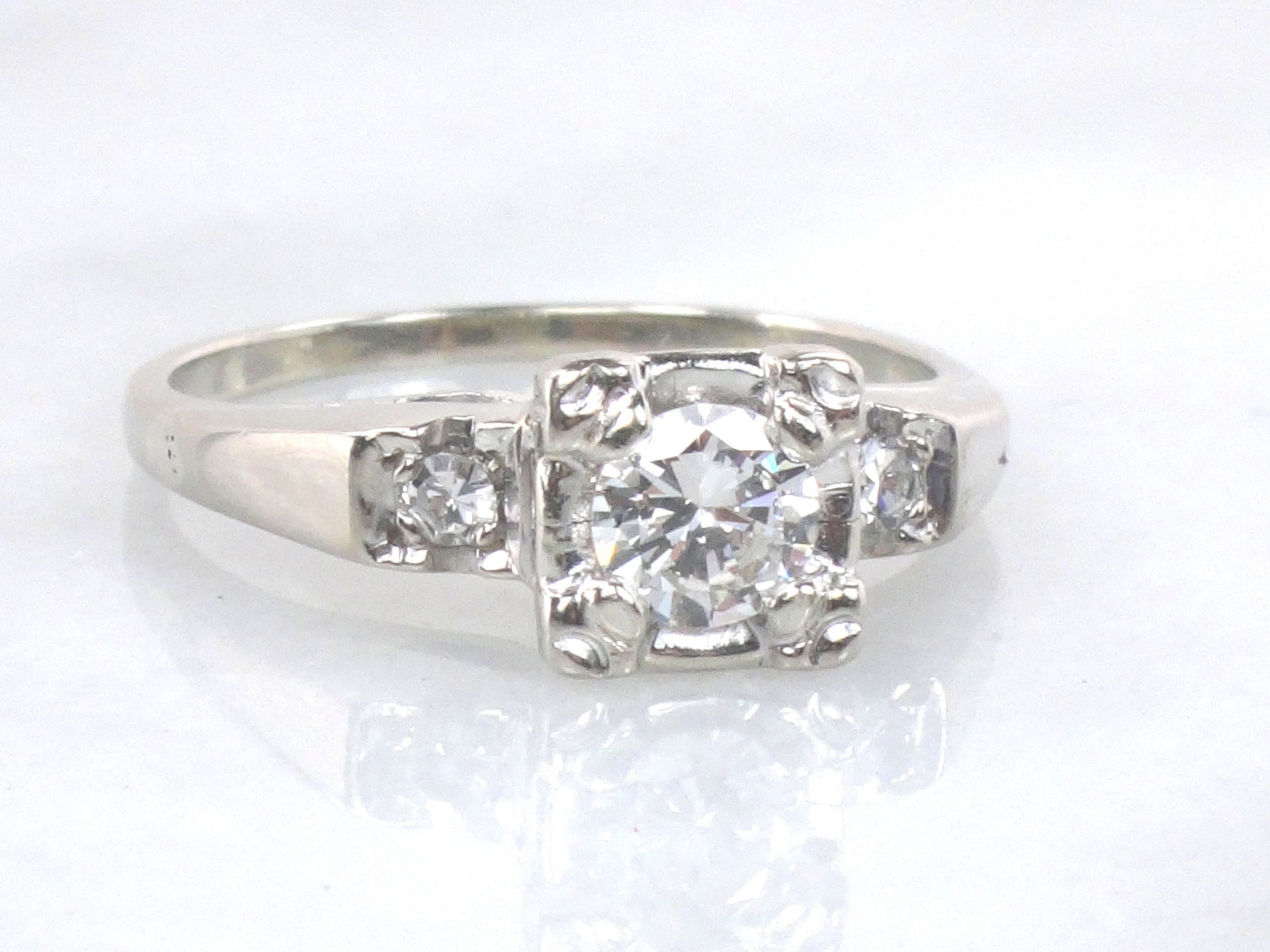 Vintage 14k White Gold Natural Diamond Engagement Ring Approx .45 Carat Center High Quality Diamonds Size 6.5