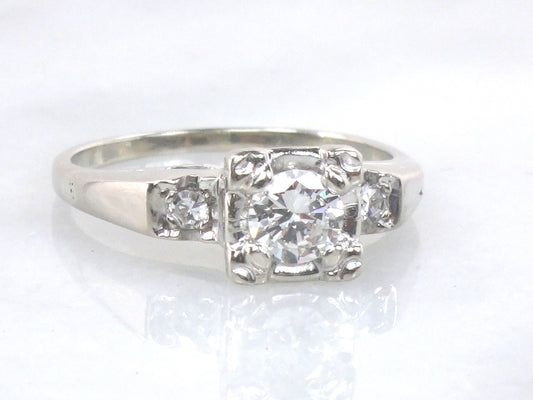 Vintage 14k White Gold Natural Diamond Engagement Ring Approx .45 Carat Center High Quality Diamonds Size 6.5