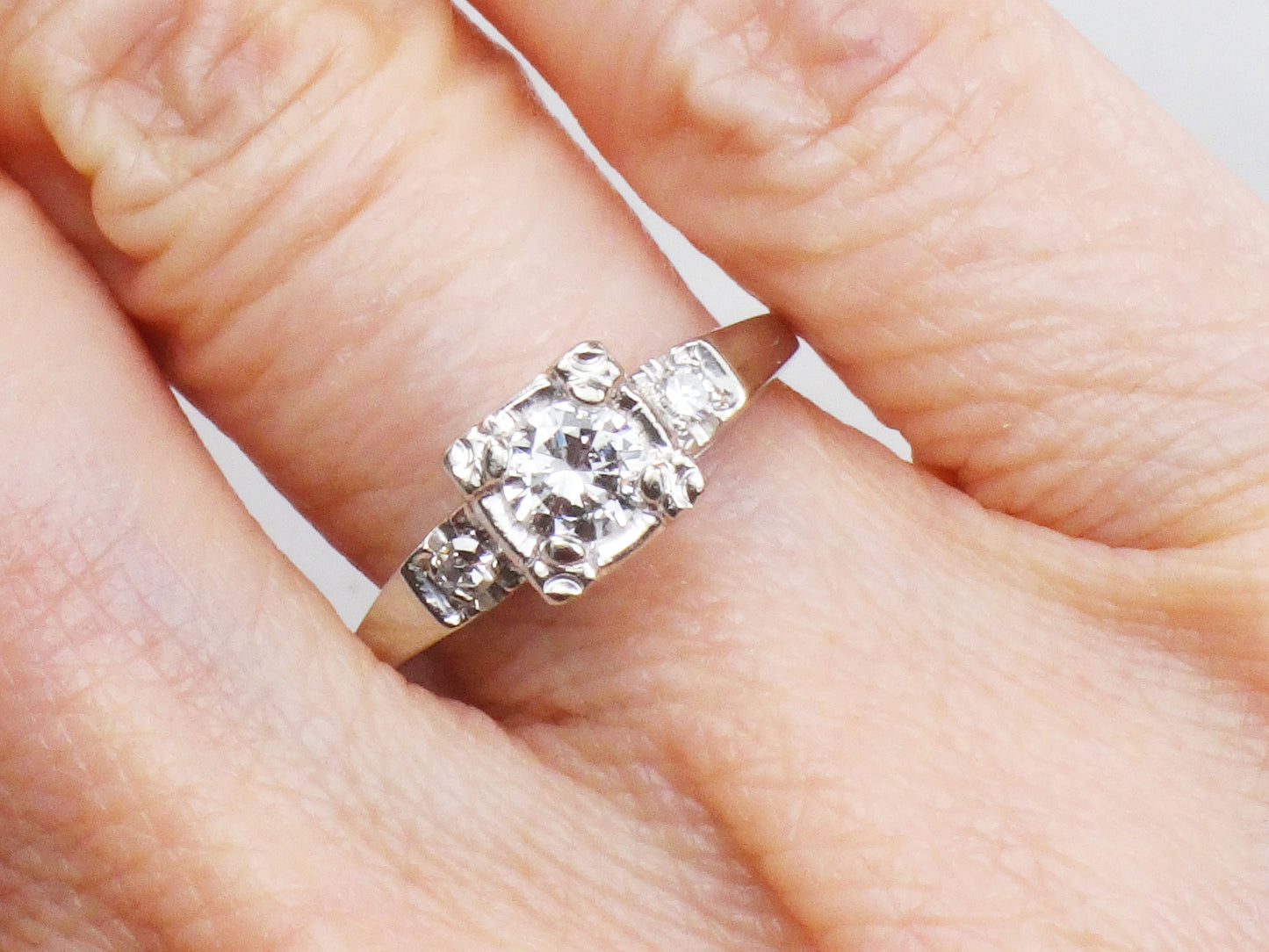 Vintage 14k White Gold Natural Diamond Engagement Ring Approx .45 Carat Center High Quality Diamonds Size 6.5