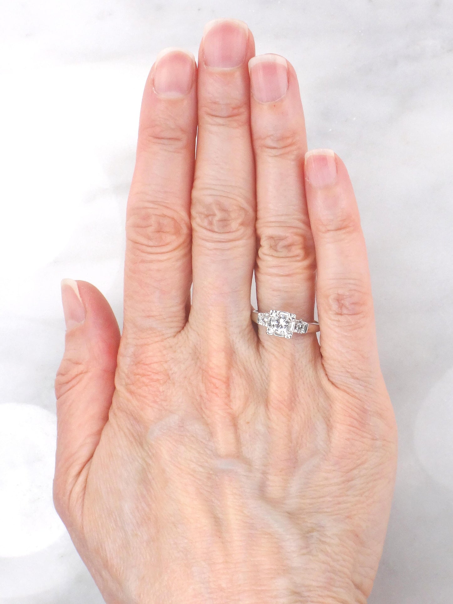 Vintage 14k White Gold Natural Diamond Engagement Ring Approx .45 Carat Center High Quality Diamonds Size 6.5