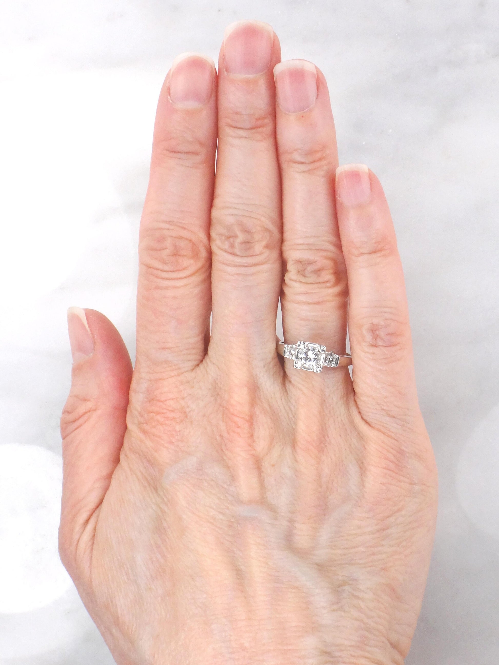 Vintage 14k White Gold Natural Diamond Engagement Ring Approx .45 Carat Center High Quality Diamonds Size 6.5