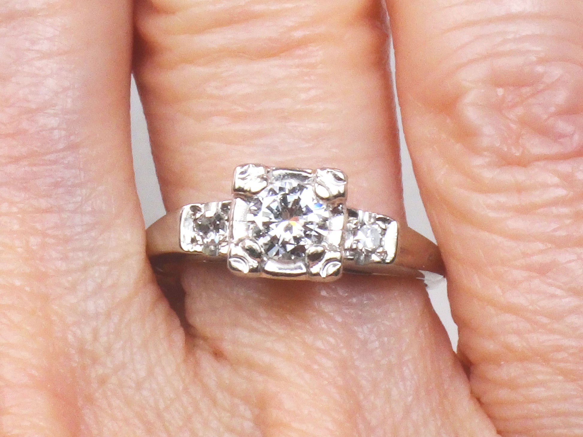 Vintage 14k White Gold Natural Diamond Engagement Ring Approx .45 Carat Center High Quality Diamonds Size 6.5
