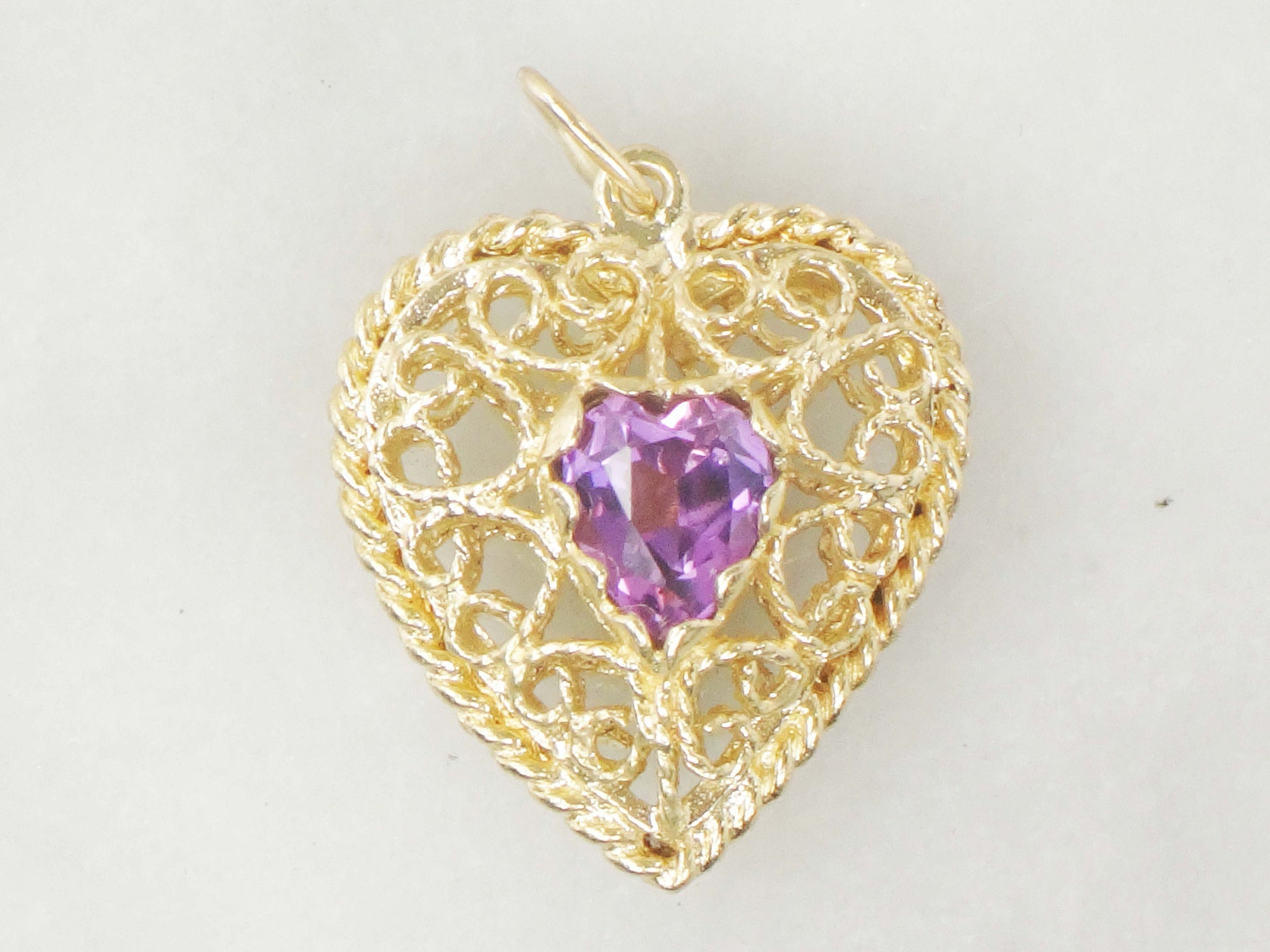 Vintage 14k Yellow Gold Purple Sapphire Filigree Heart Pendant, Puffy Heart Charm