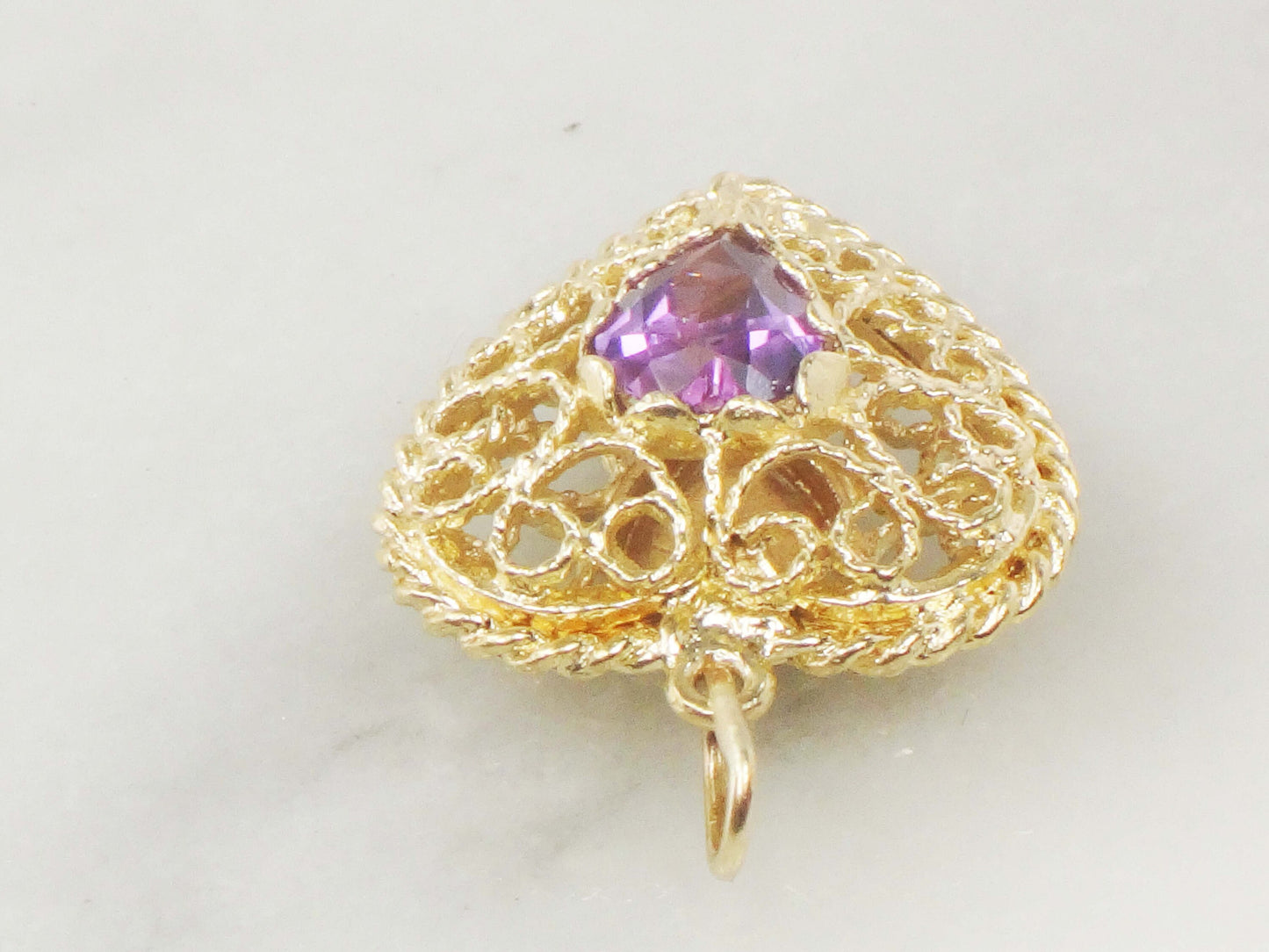 Vintage 14k Yellow Gold Purple Sapphire Filigree Heart Pendant, Puffy Heart Charm