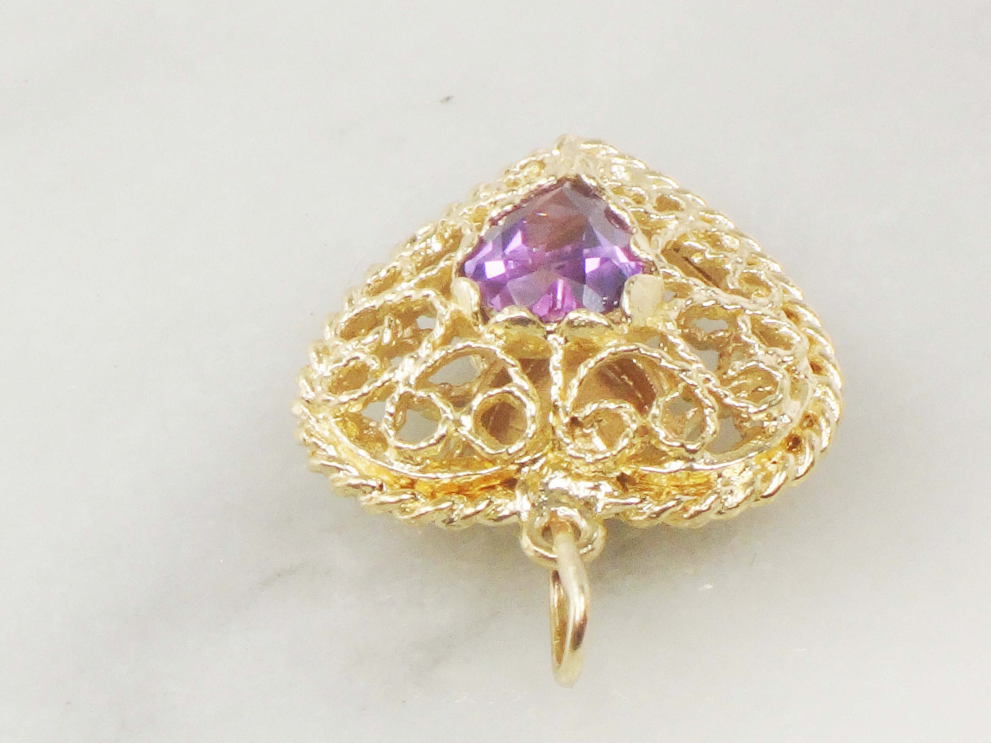 Vintage 14k Yellow Gold Purple Sapphire Filigree Heart Pendant, Puffy Heart Charm