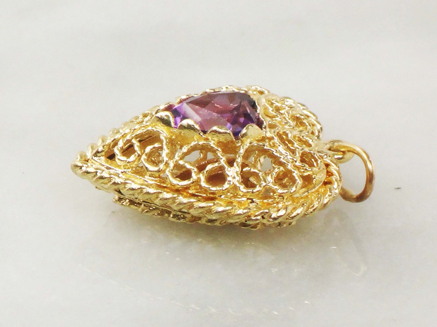 Vintage 14k Yellow Gold Purple Sapphire Filigree Heart Pendant, Puffy Heart Charm