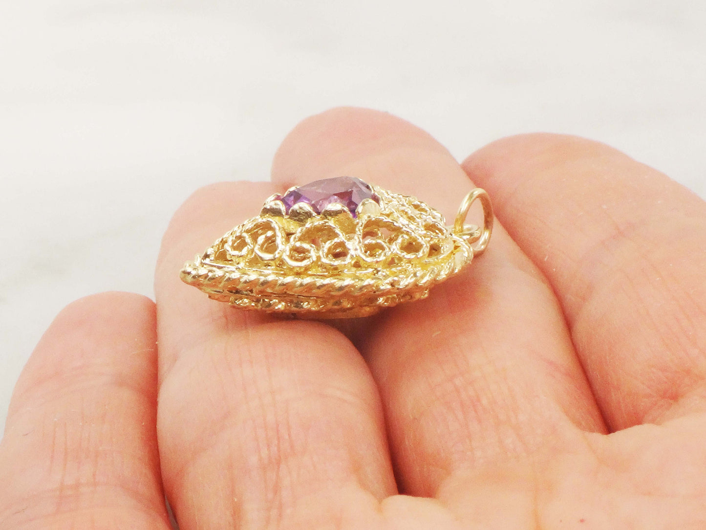 Vintage 14k Yellow Gold Purple Sapphire Filigree Heart Pendant, Puffy Heart Charm
