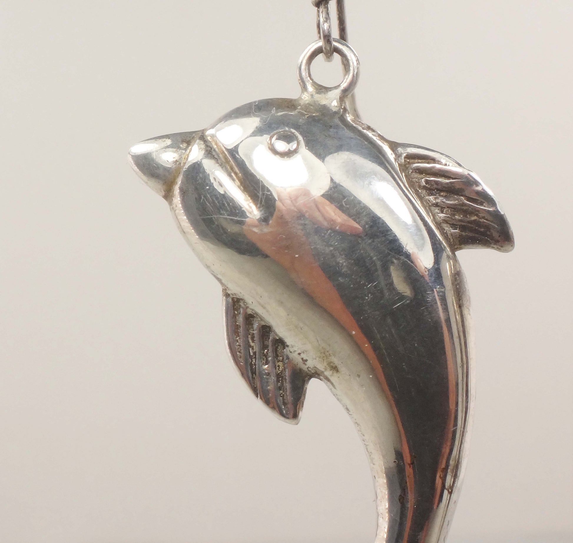 Vintage Sterling Silver Dolphin Earrings: 3D Puffed Sea Life Dangles