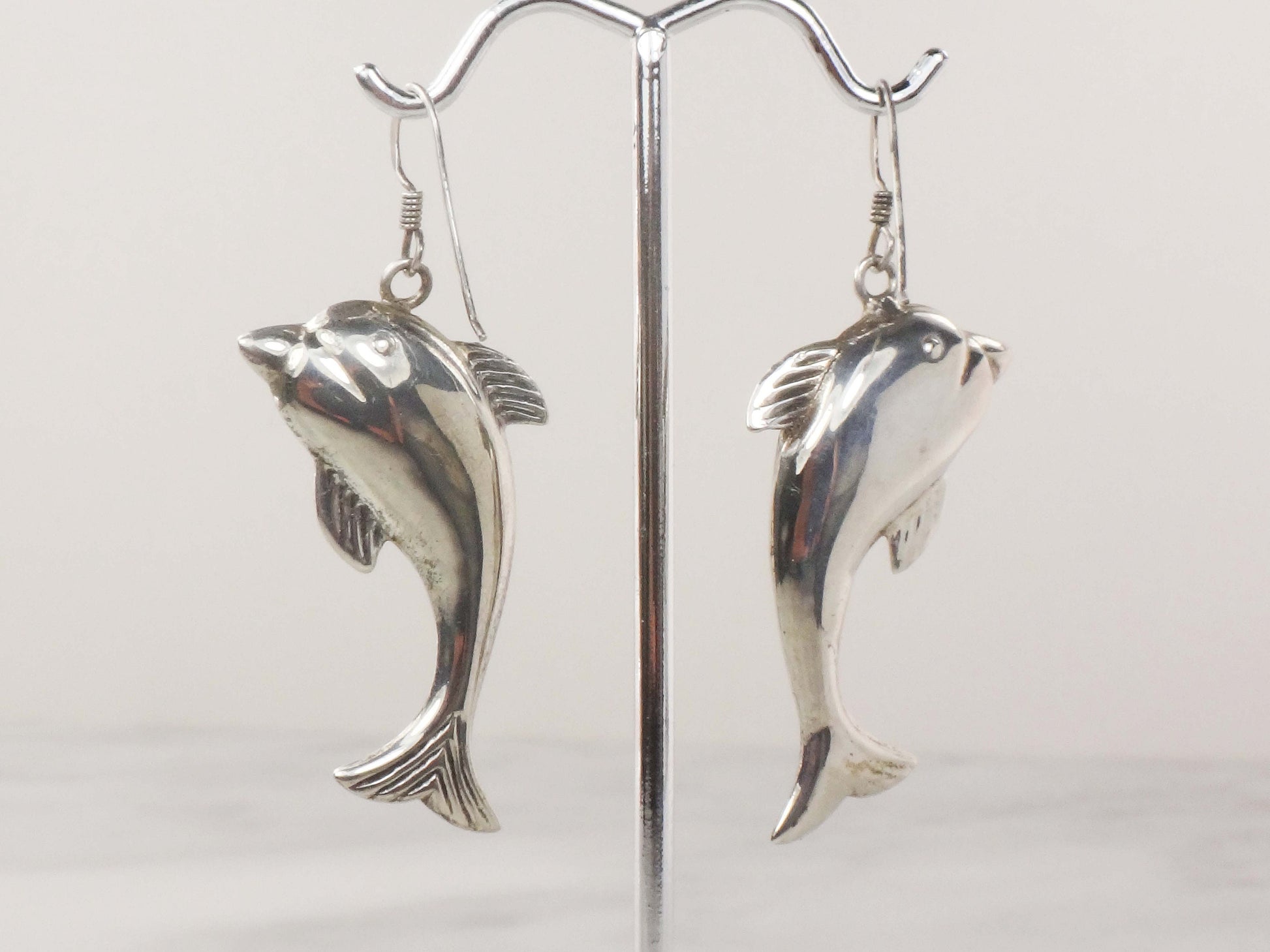 Vintage Sterling Silver Dolphin Earrings: 3D Puffed Sea Life Dangles