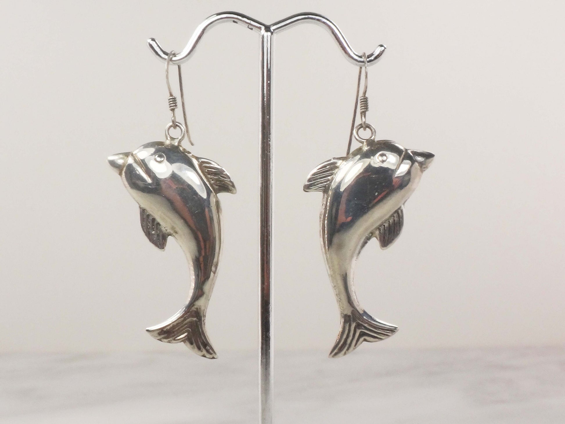 Vintage Sterling Silver Dolphin Earrings: 3D Puffed Sea Life Dangles