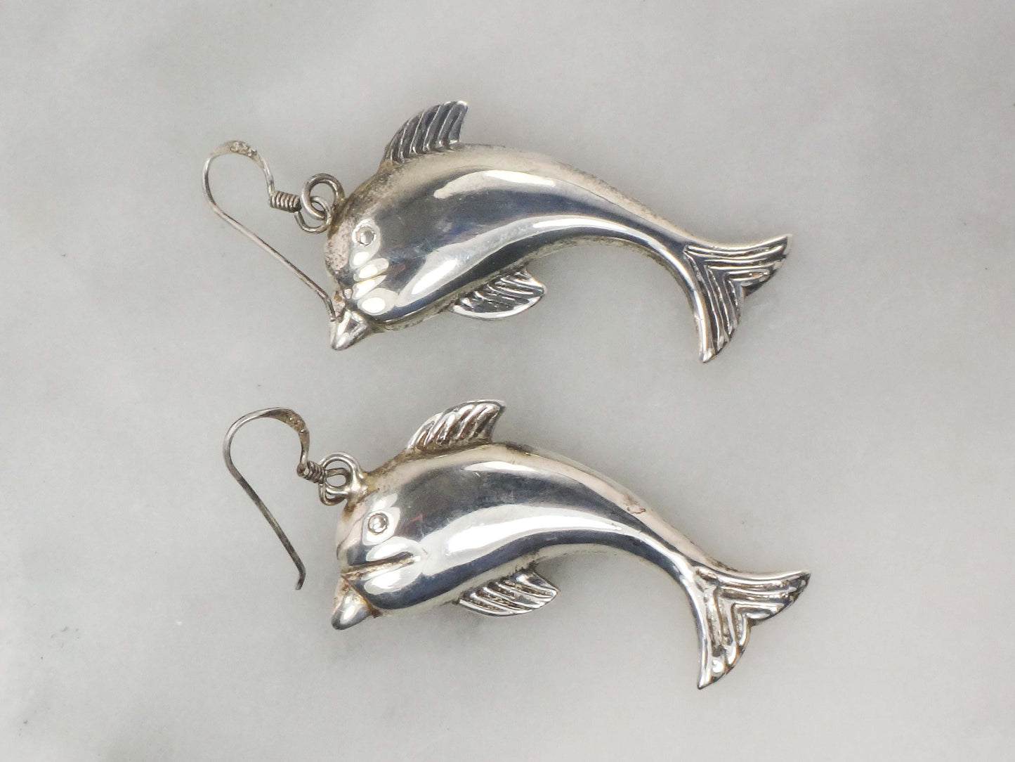 Vintage Sterling Silver Dolphin Earrings: 3D Puffed Sea Life Dangles