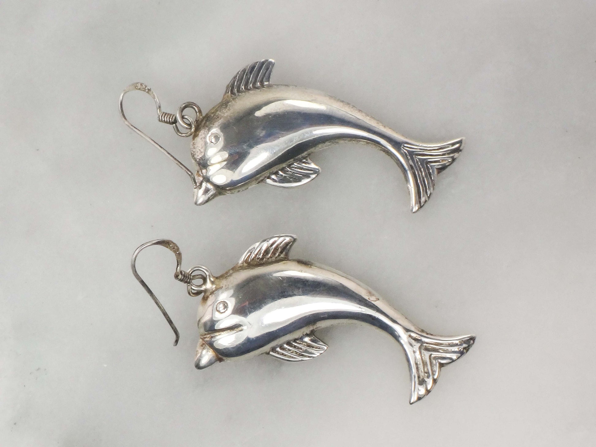 Vintage Sterling Silver Dolphin Earrings: 3D Puffed Sea Life Dangles