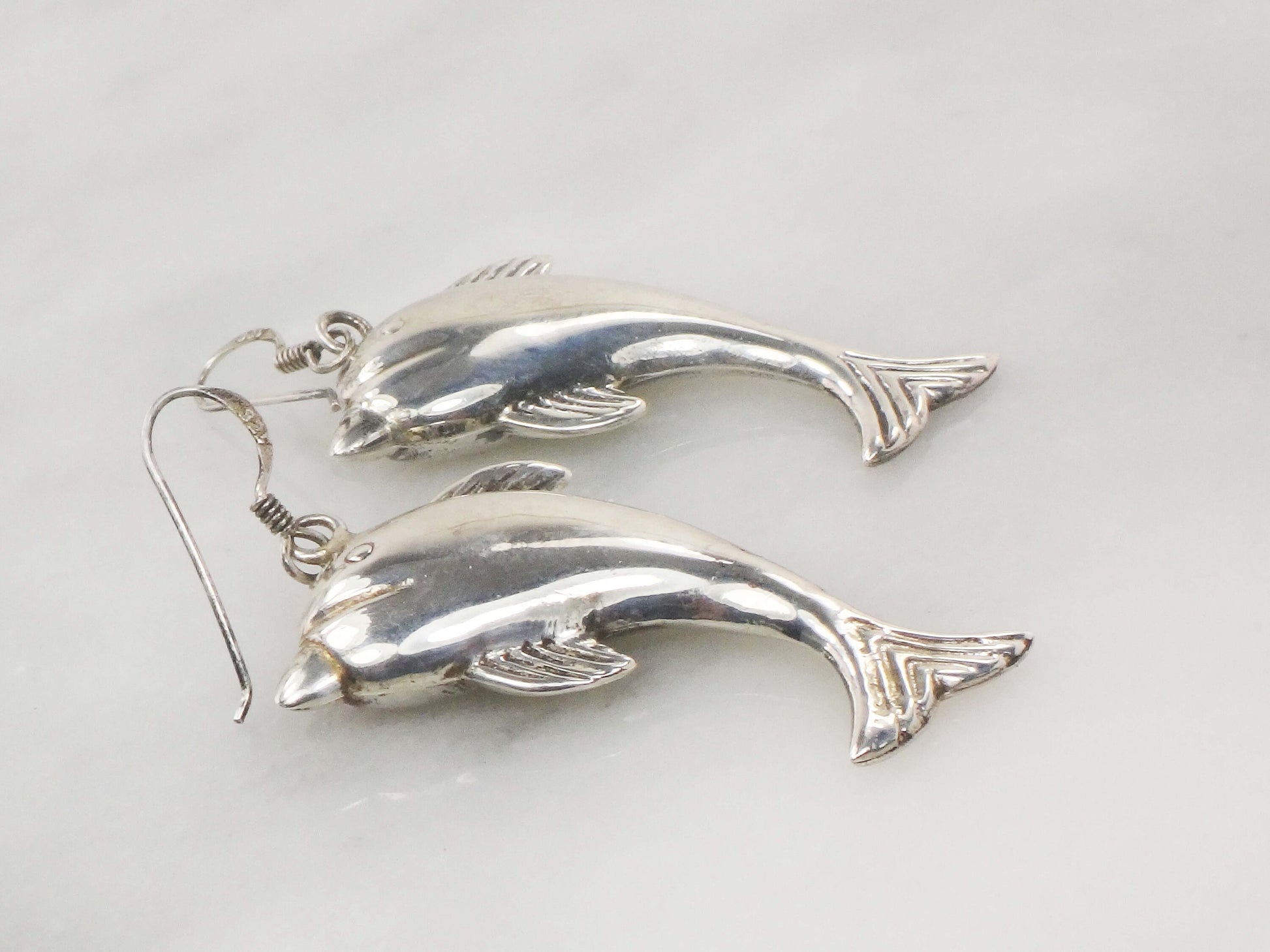 Vintage Sterling Silver Dolphin Earrings: 3D Puffed Sea Life Dangles