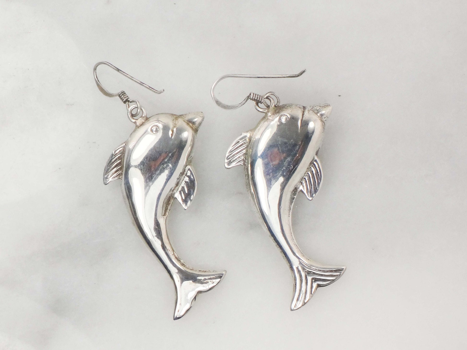 Vintage Sterling Silver Dolphin Earrings: 3D Puffed Sea Life Dangles