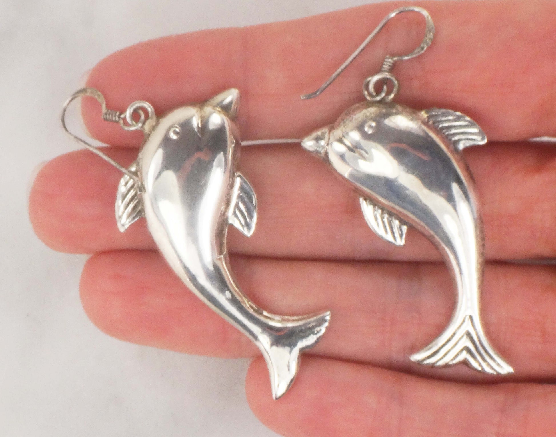 Vintage Sterling Silver Dolphin Earrings: 3D Puffed Sea Life Dangles