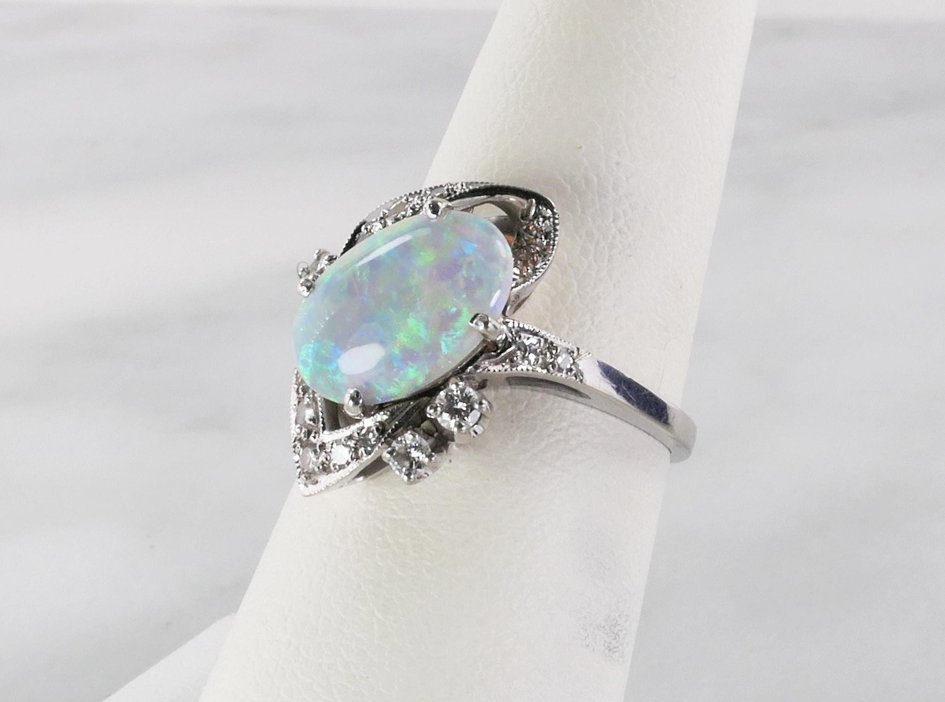 Vintage 14k White Gold Natural Opal and Diamond Ring, October Birthstone Size 6.25