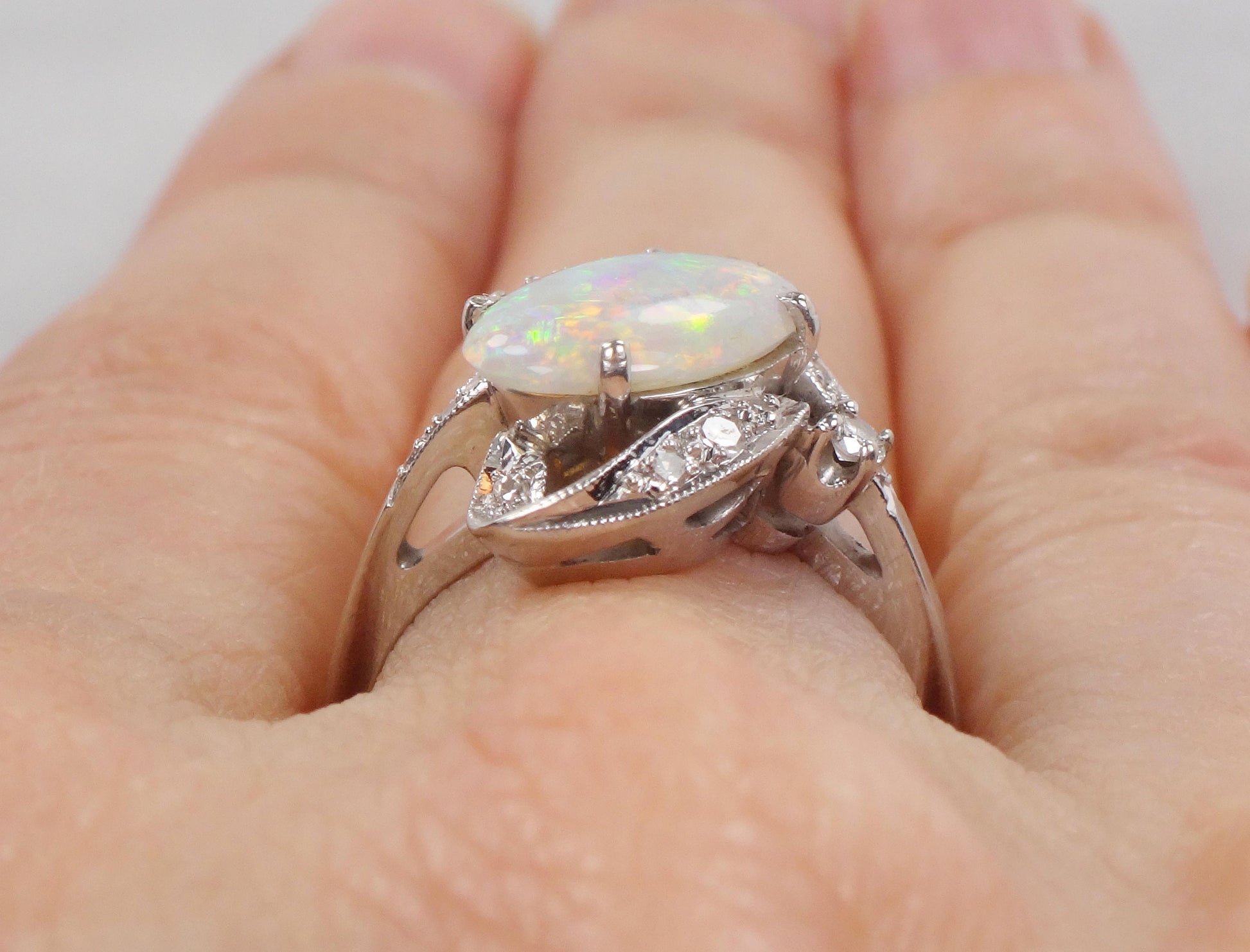 Vintage 14k White Gold Natural Opal and Diamond Ring, October Birthstone Size 6.25