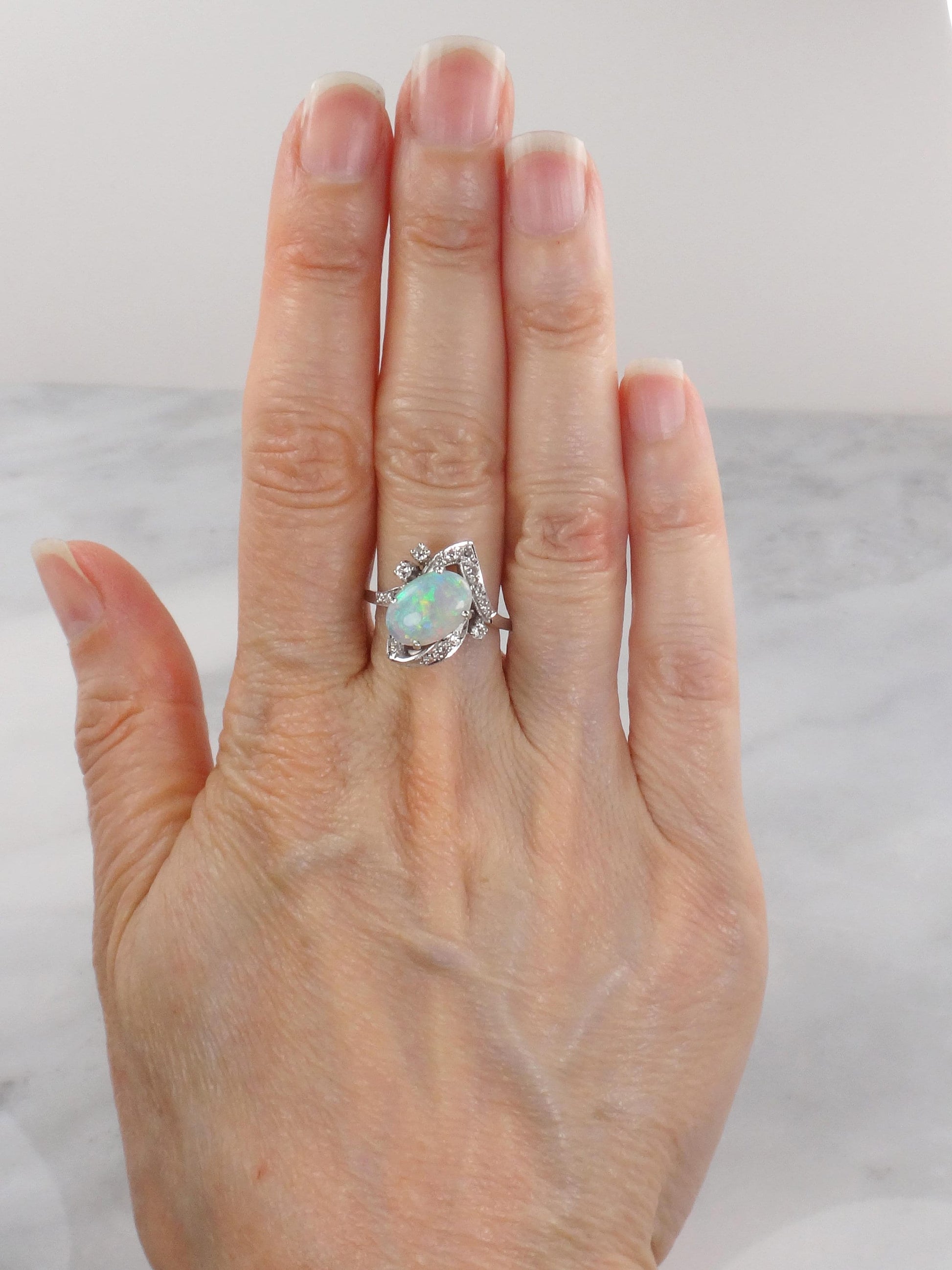 Vintage 14k White Gold Natural Opal and Diamond Ring, October Birthstone Size 6.25