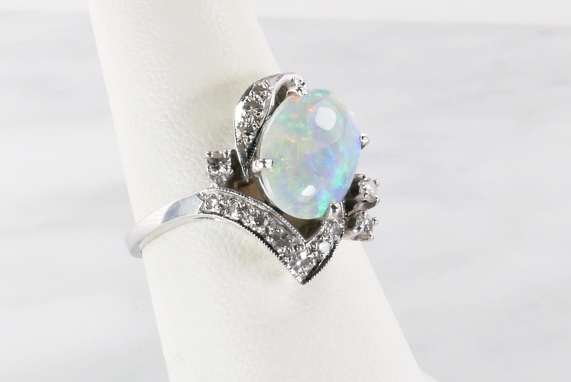 Vintage 14k White Gold Natural Opal and Diamond Ring, October Birthstone Size 6.25