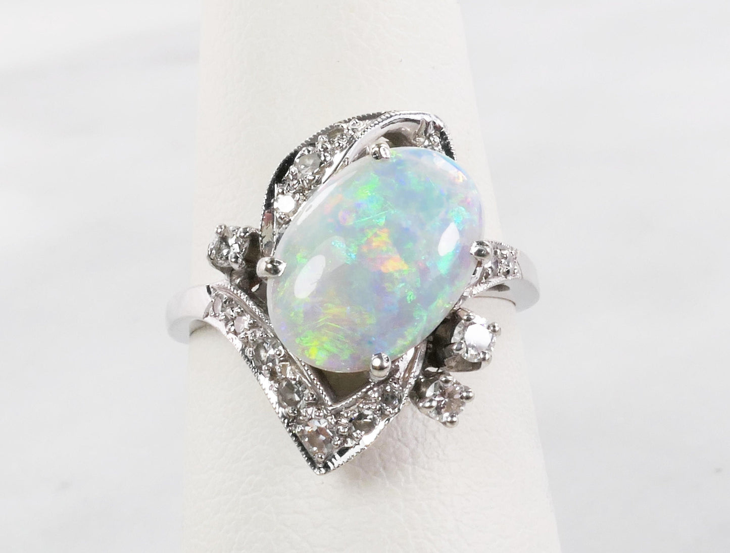 Vintage 14k White Gold Natural Opal and Diamond Ring, October Birthstone Size 6.25
