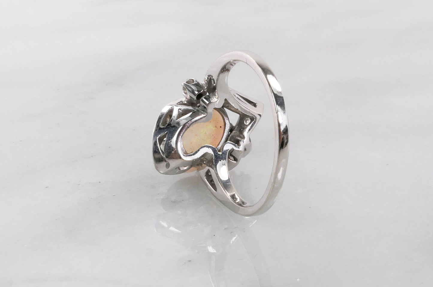 Vintage 14k White Gold Natural Opal and Diamond Ring, October Birthstone Size 6.25