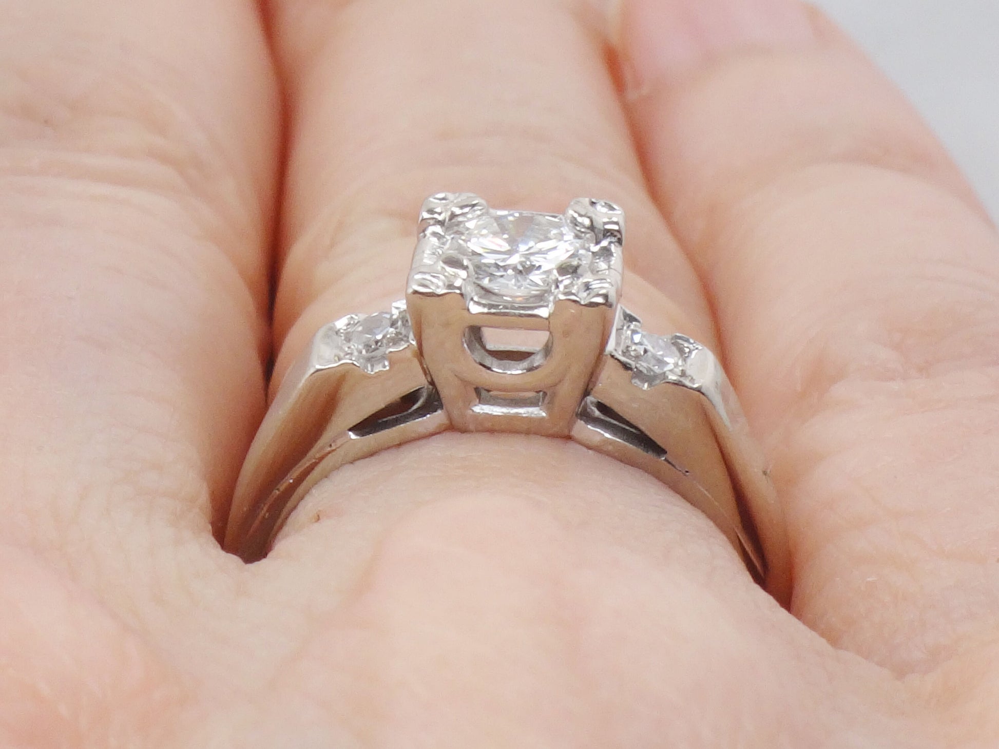 Vintage 14k White Gold Natural Diamond Engagement Ring Approx .45 Carat Center High Quality Diamonds Size 6.5