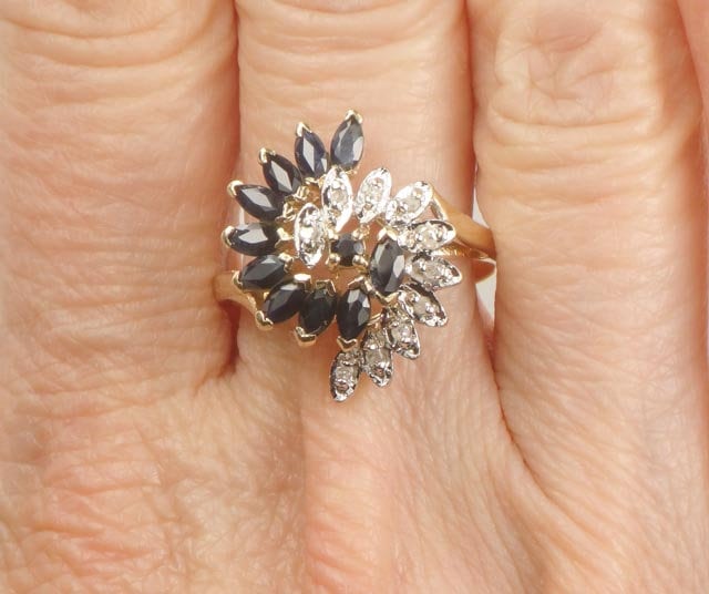 Vintage 10k Gold Natural Sapphire and Diamond Swirl Ring Size 7