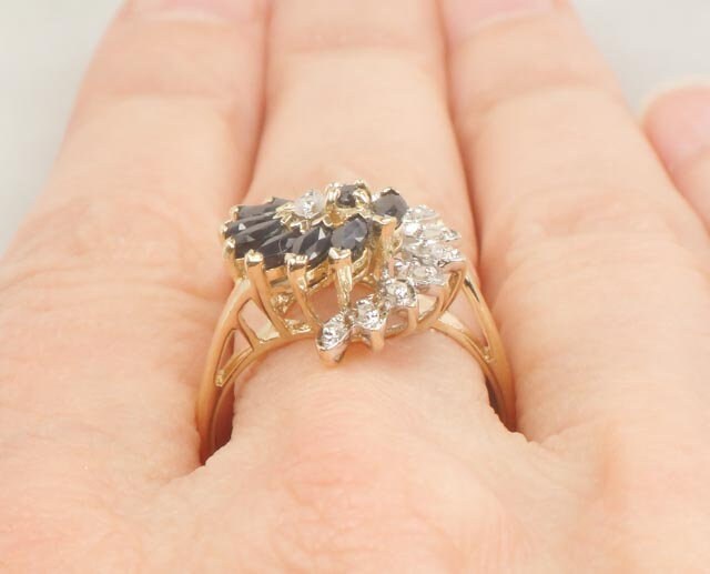 Vintage 10k Gold Natural Sapphire and Diamond Swirl Ring Size 7