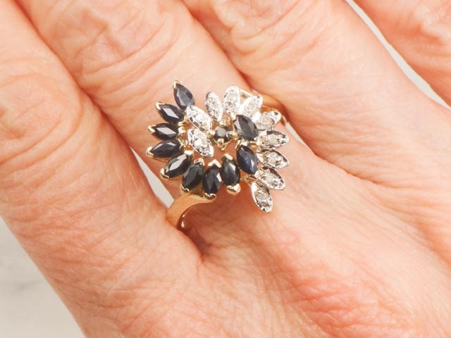 Vintage 10k Gold Natural Sapphire and Diamond Swirl Ring Size 7