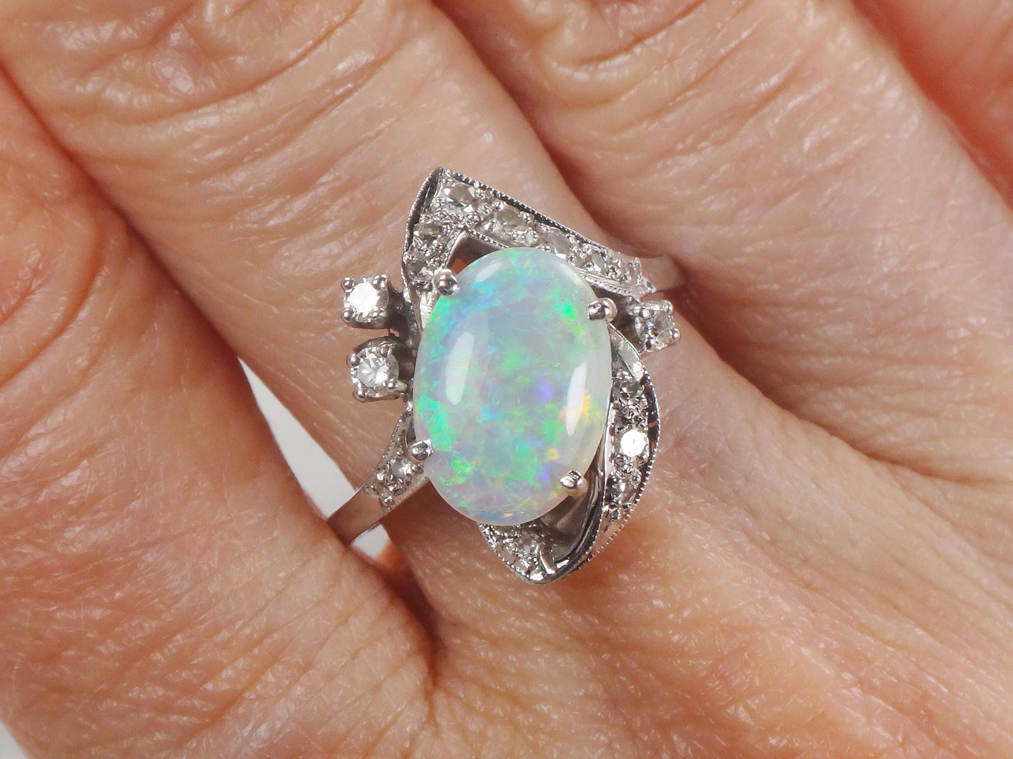 Vintage 14k White Gold Natural Opal and Diamond Ring, October Birthstone Size 6.25