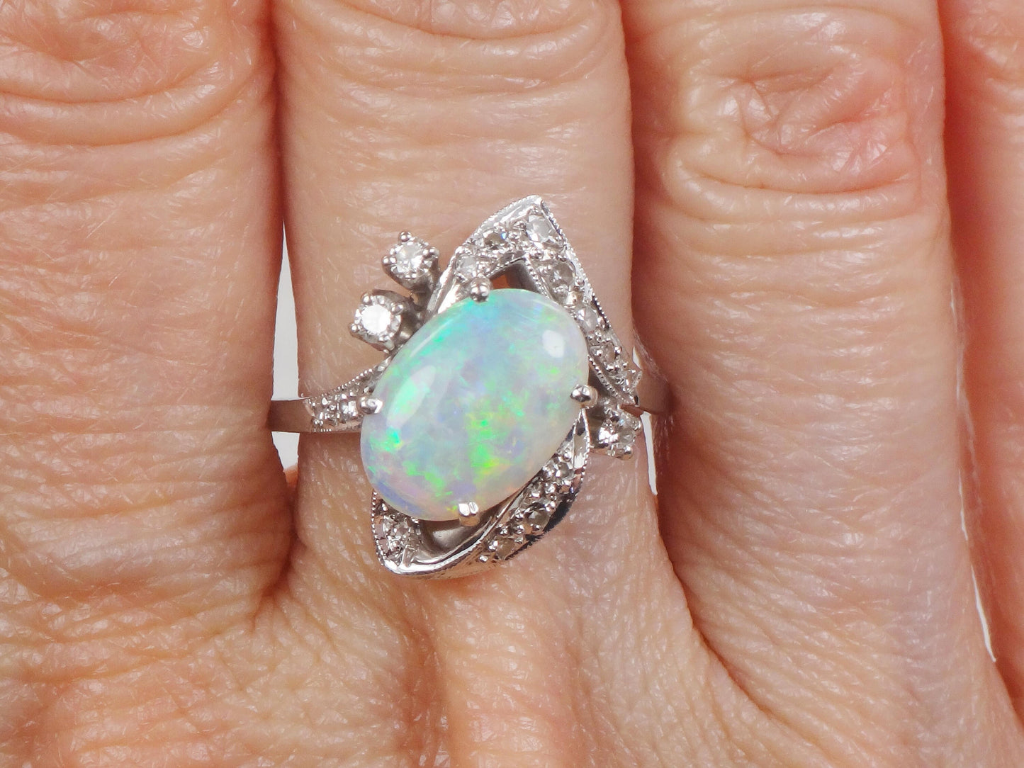 Vintage 14k White Gold Natural Opal and Diamond Ring, October Birthstone Size 6.25