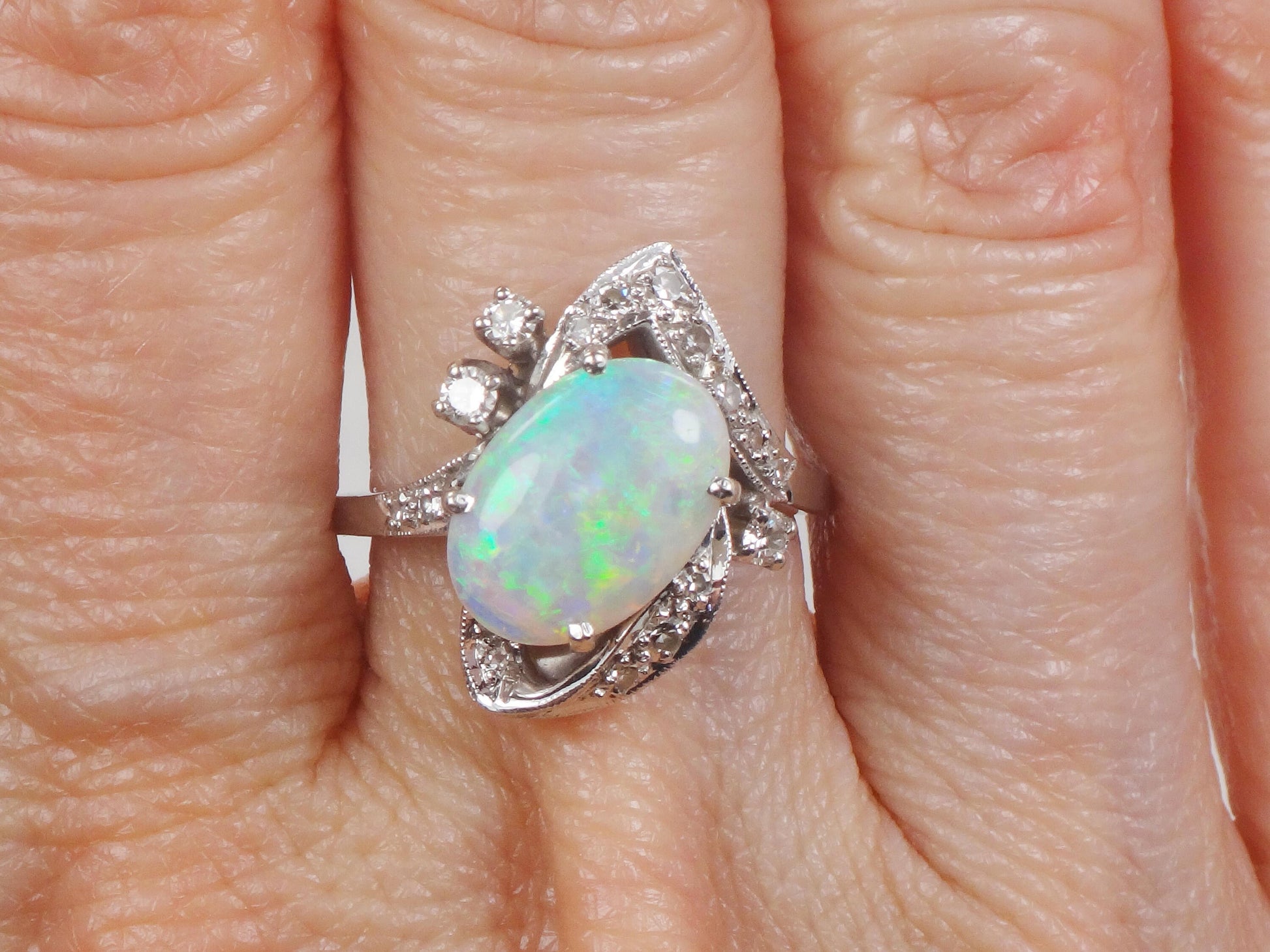 Vintage 14k White Gold Natural Opal and Diamond Ring, October Birthstone Size 6.25