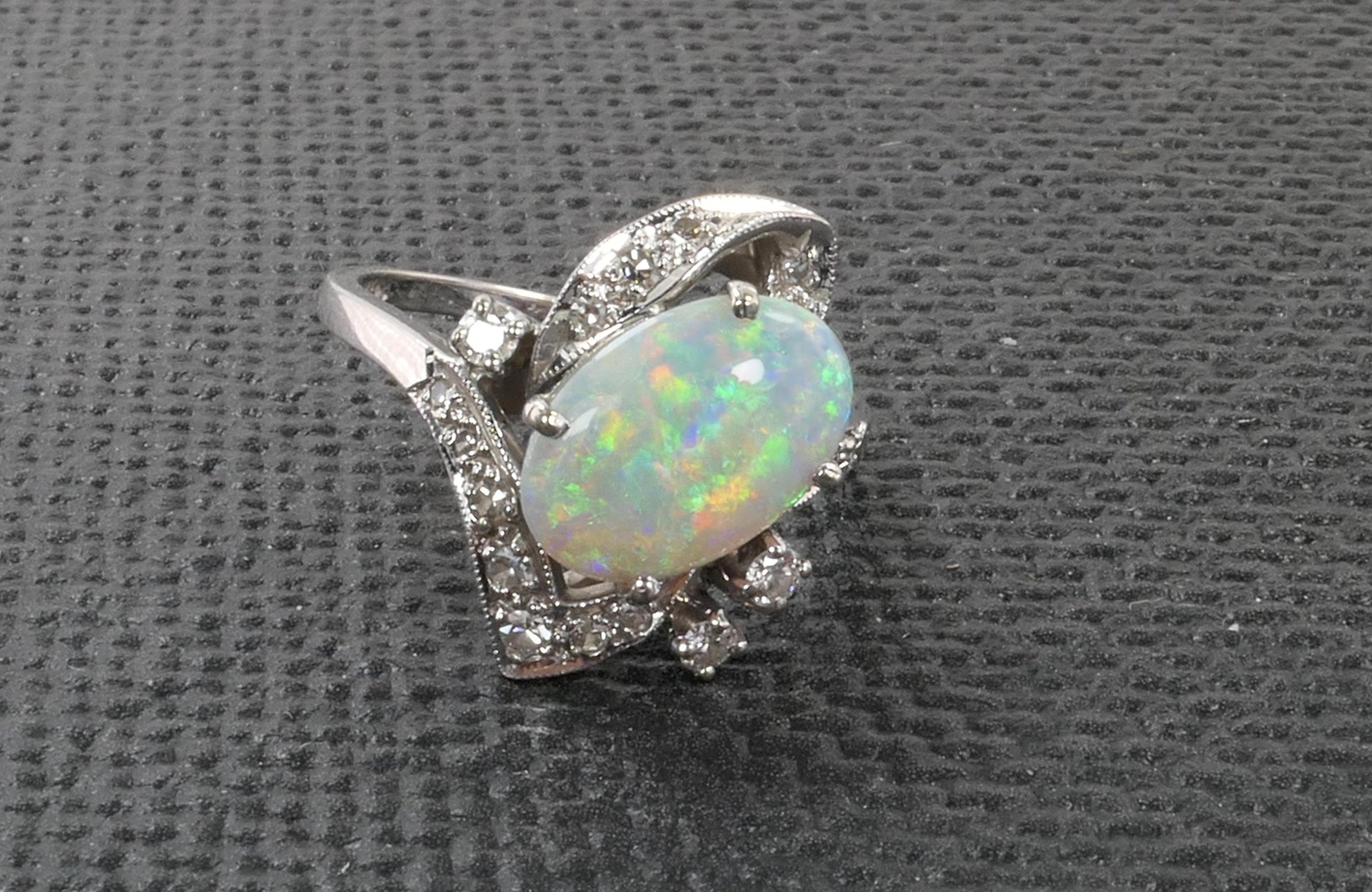 Vintage 14k White Gold Natural Opal and Diamond Ring, October Birthstone Size 6.25