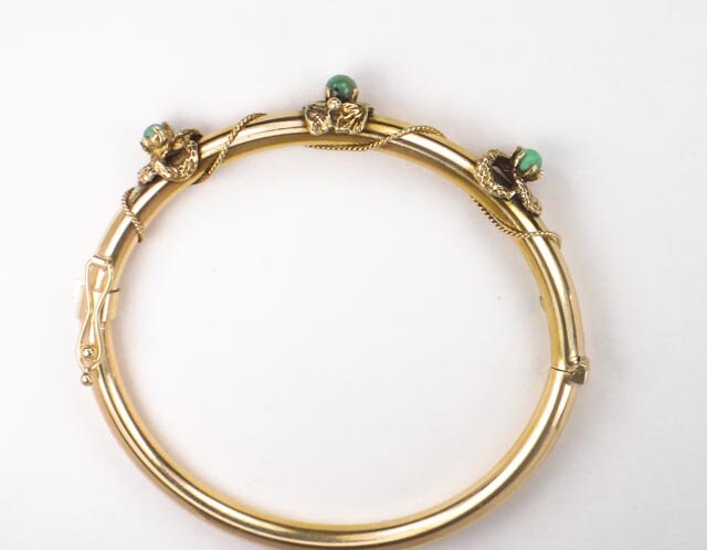 Vintage Victorian Revival 14k Yellow Gold Green Turquoise Bangle Bracelet - Small Hinged Bangle
