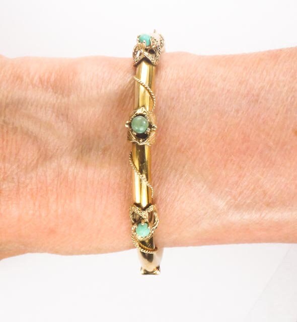 Vintage Victorian Revival 14k Yellow Gold Green Turquoise Bangle Bracelet - Small Hinged Bangle