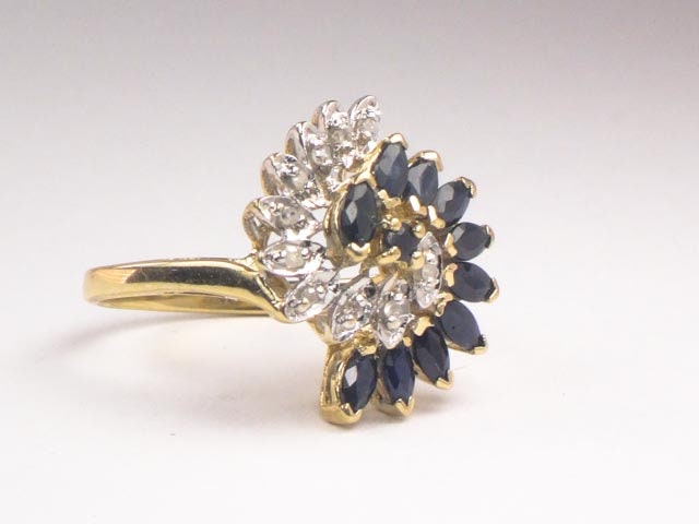 Vintage 10k Gold Natural Sapphire and Diamond Swirl Ring Size 7
