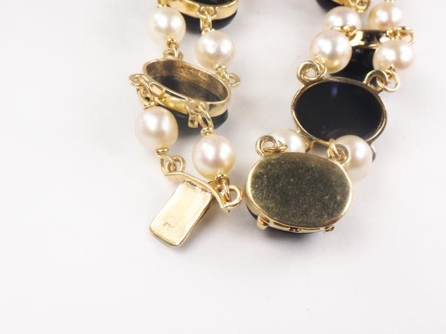 Vintage 14k Gold Pearl & Black Onyx Bracelet: Bridal Jewelry, 7", 6.5 MM