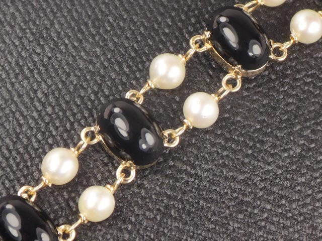 Vintage 14k Gold Pearl & Black Onyx Bracelet: Bridal Jewelry, 7", 6.5 MM