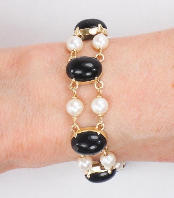 Vintage 14k Gold Pearl & Black Onyx Bracelet: Bridal Jewelry, 7", 6.5 MM