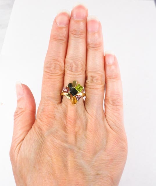 Vintage 18k Modern Multi-Colored Gemstone Cluster Ring, Italian Gold Tourmaline Citrine & Peridot Ring, Size 7