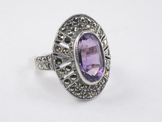Sterling Silver Amethyst Ring with Marcasite - Vintage Purple February Birthstone Ring - Size 7
