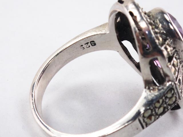 Sterling Silver Amethyst Ring with Marcasite - Vintage Purple February Birthstone Ring - Size 7