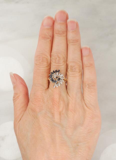 Vintage 10k Gold Natural Sapphire and Diamond Swirl Ring Size 7