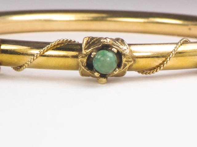Vintage Victorian Revival 14k Yellow Gold Green Turquoise Bangle Bracelet - Small Hinged Bangle