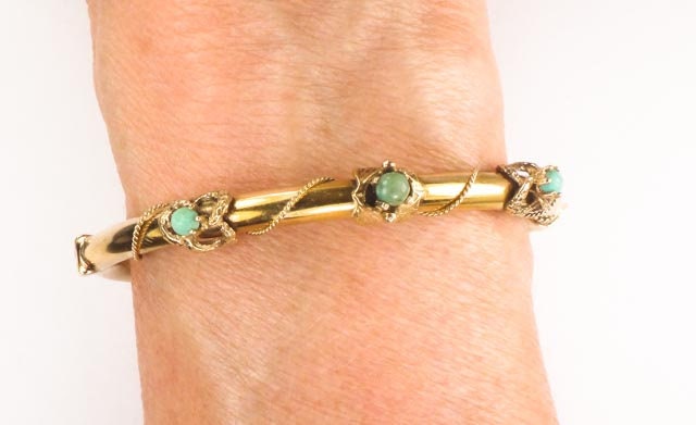 Vintage Victorian Revival 14k Yellow Gold Green Turquoise Bangle Bracelet - Small Hinged Bangle