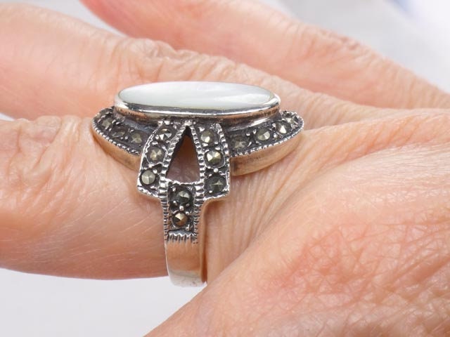 Vintage Sterling Silver Mother of Pearl Ring with Marcasite, Large MOP Ring, Size 5.75