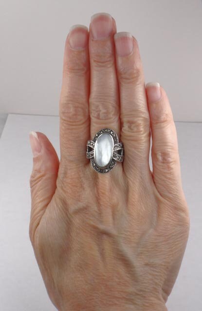 Vintage Sterling Silver Mother of Pearl Ring with Marcasite, Large MOP Ring, Size 5.75