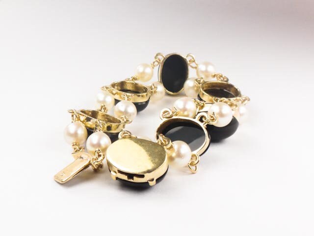 Vintage 14k Gold Pearl & Black Onyx Bracelet: Bridal Jewelry, 7", 6.5 MM