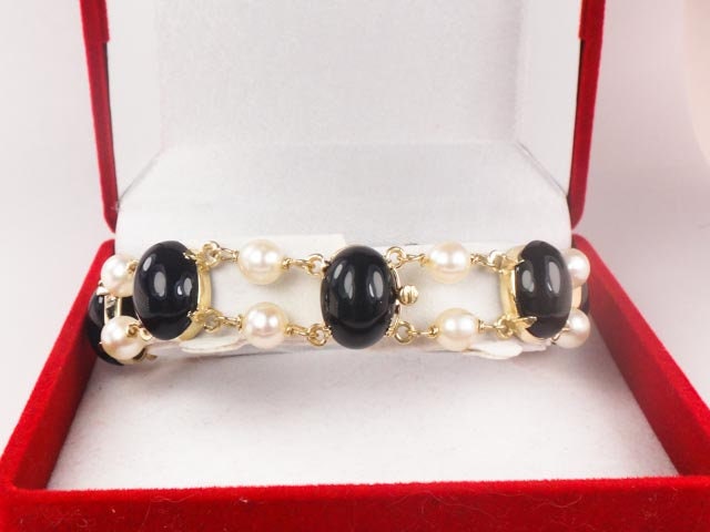 Vintage 14k Gold Pearl & Black Onyx Bracelet: Bridal Jewelry, 7", 6.5 MM