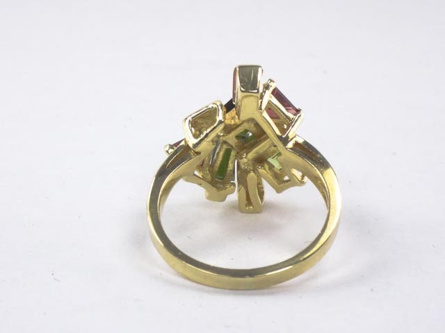 Vintage 18k Modern Multi-Colored Gemstone Cluster Ring, Italian Gold Tourmaline Citrine & Peridot Ring, Size 7